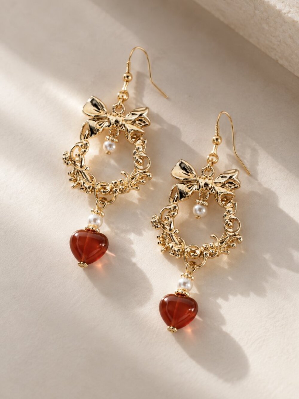 Anthropologie 18K Gold Red Heart Bow Wreath Drop Earrings Coquette Earrings NEW